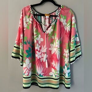 NWOT-Ruby Rd. Pink Tropical V-Neck 3/4 Length Sleeves